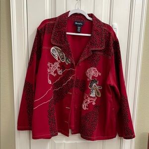 Denim&Co Red Jean Jacket with Black Animal Print and Elegant Embroidery